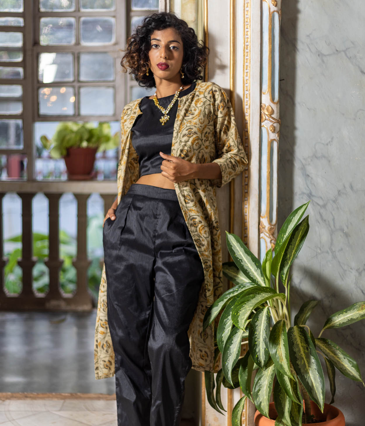 Kalamkari Mustard Motifs Women's Long Jacket