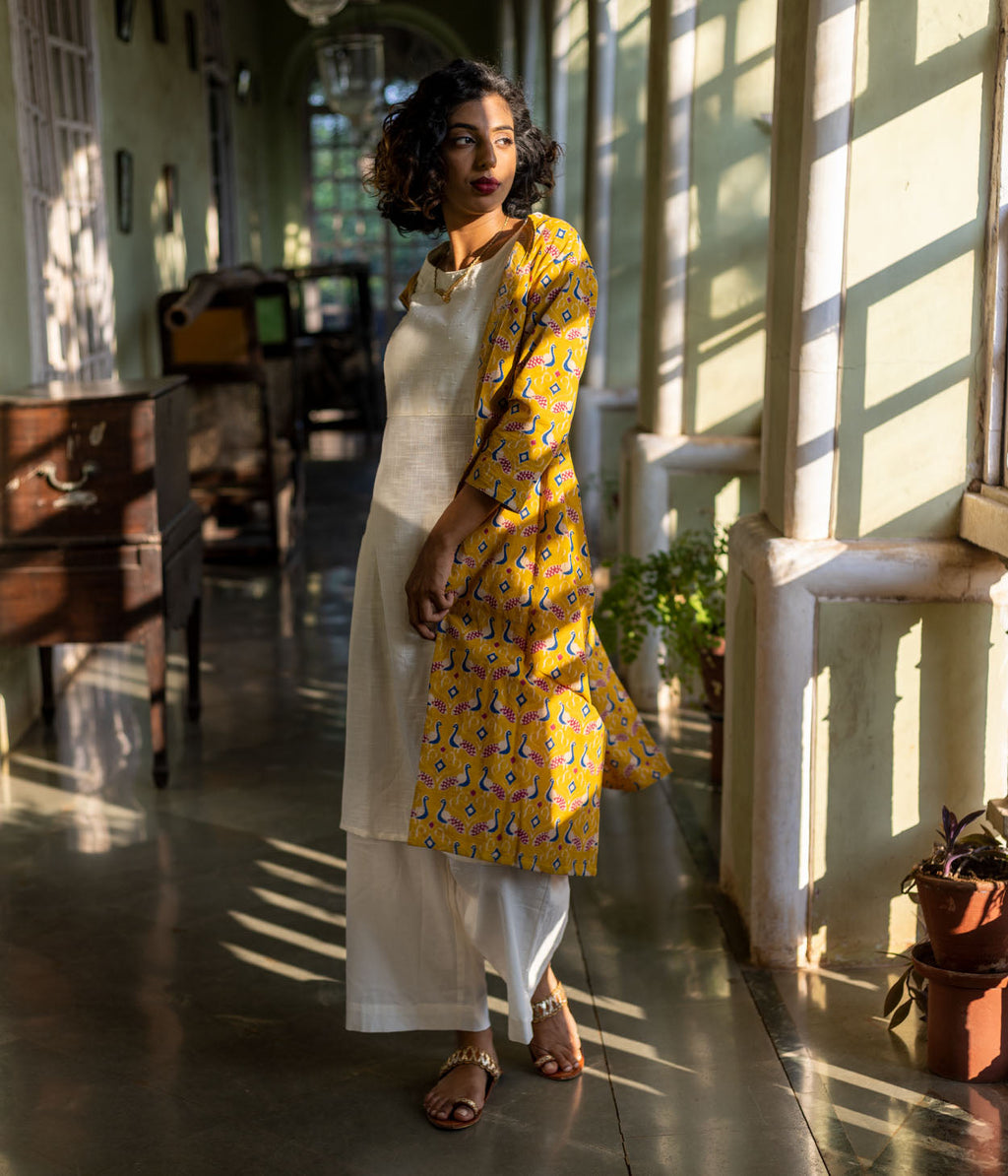 Kalamkari Mustard Patterned Women's Long Jacket