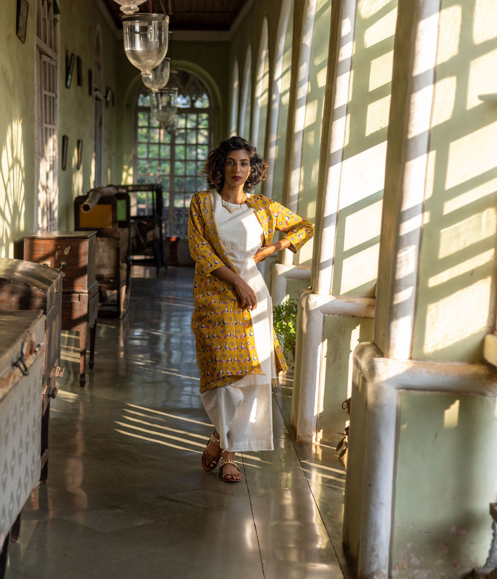 Kalamkari Mustard Patterned Women's Long Jacket
