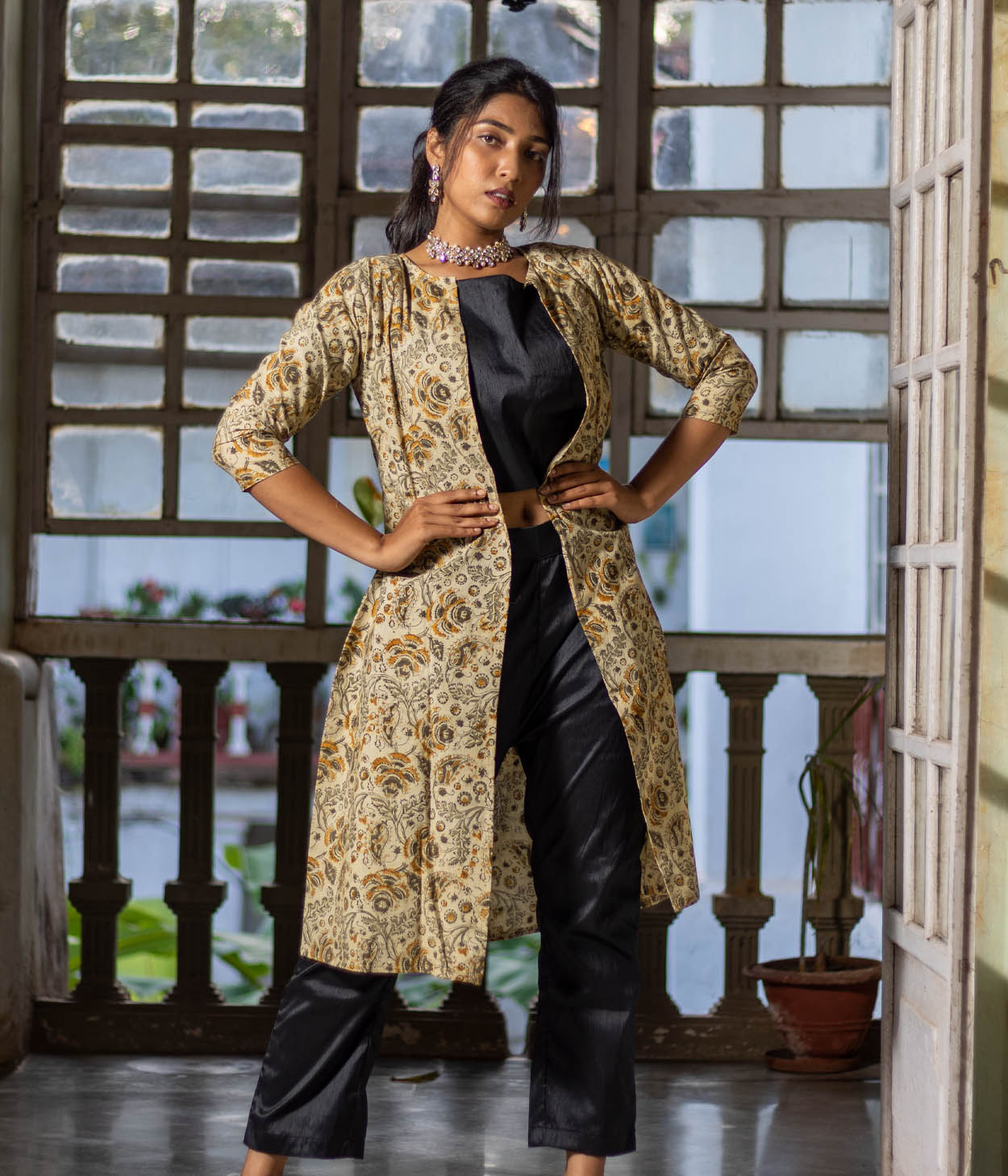 Kalamkari Olive Motifs Women's Long Jacket