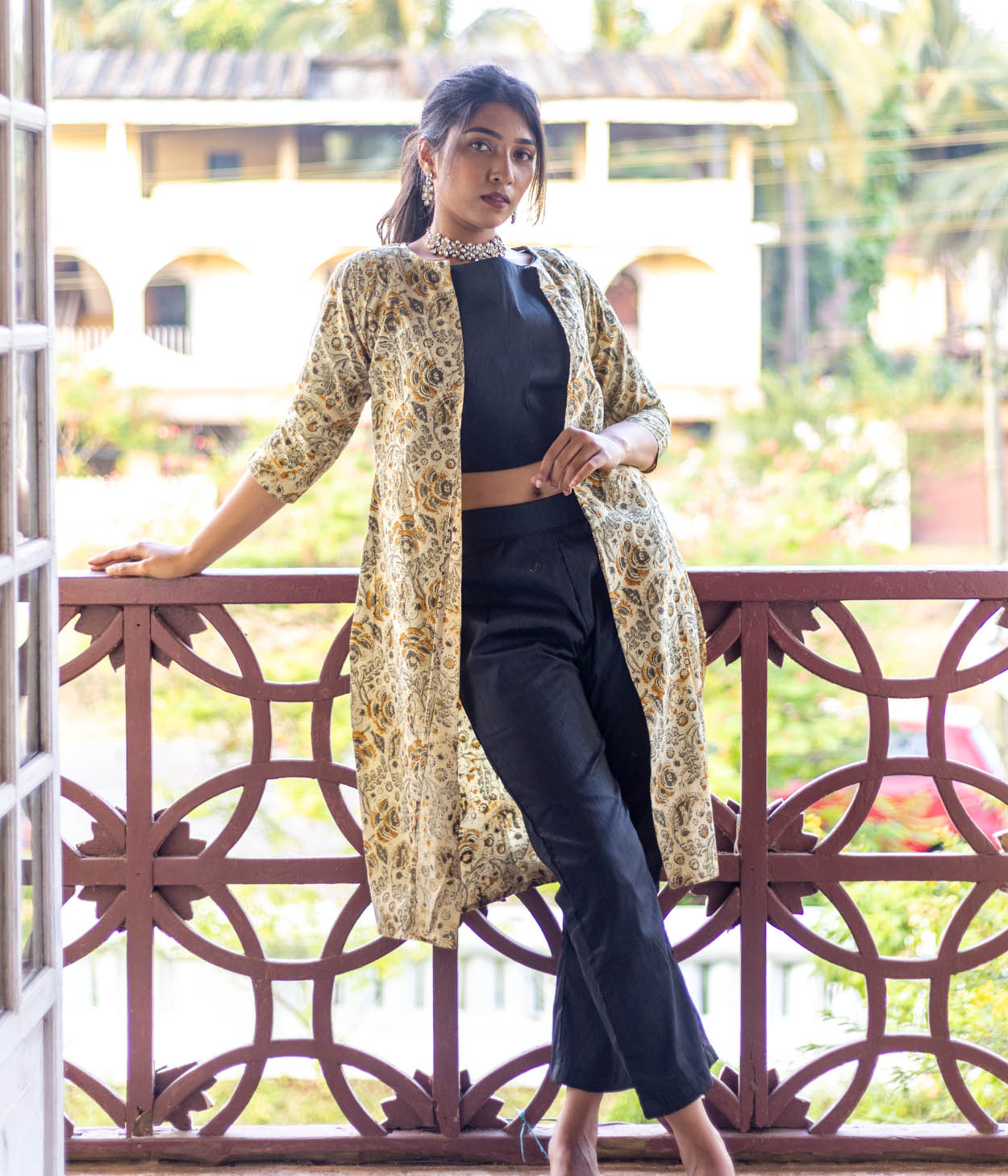 Kalamkari Olive Motifs Women's Long Jacket