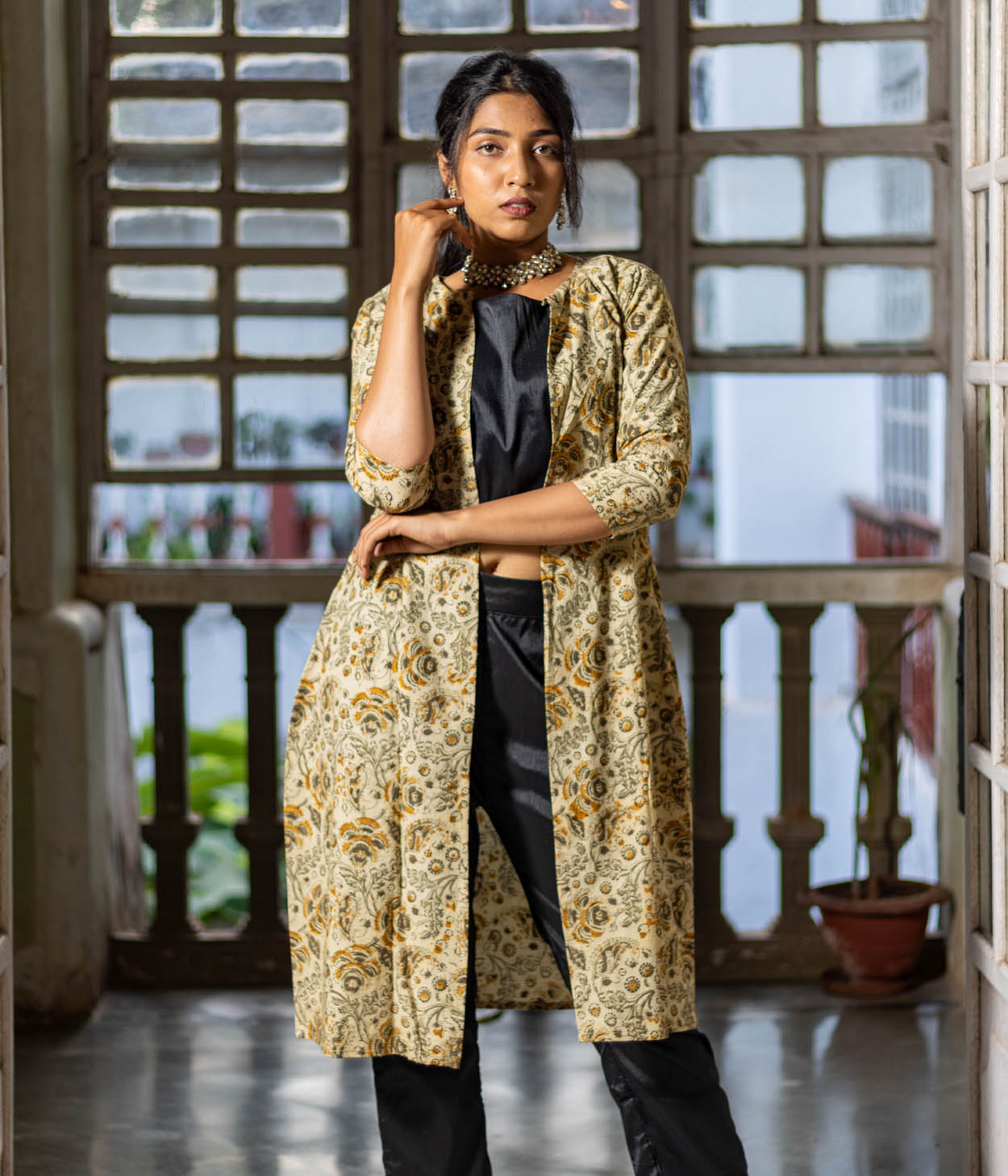 Kalamkari Olive Motifs Women's Long Jacket