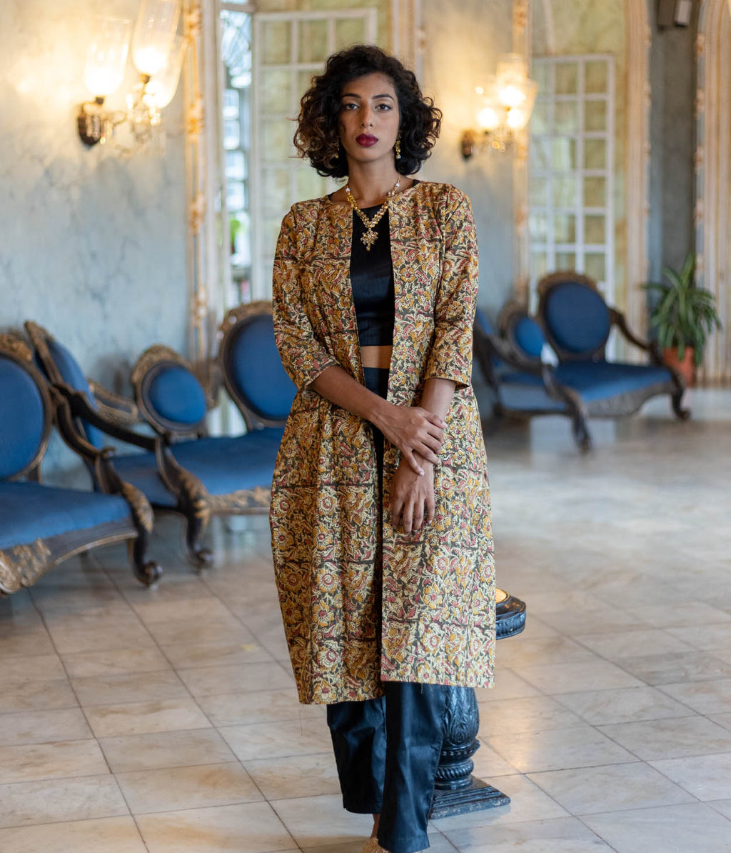 Kalamkari Olive-Mustard Motifs Women's Long Jacket