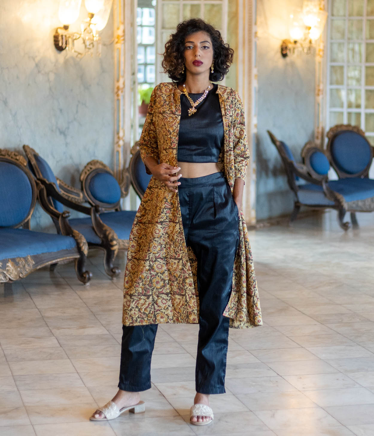 Kalamkari Olive-Mustard Motifs Women's Long Jacket