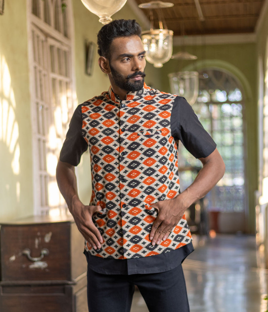 Kalamkari Orange-Black Diamonds Mens Nehru Jacket