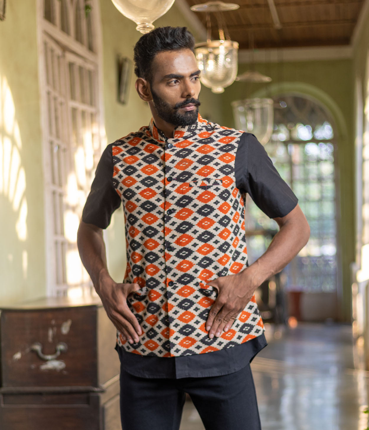 Kalamkari Orange-Black Diamonds Mens Nehru Jacket