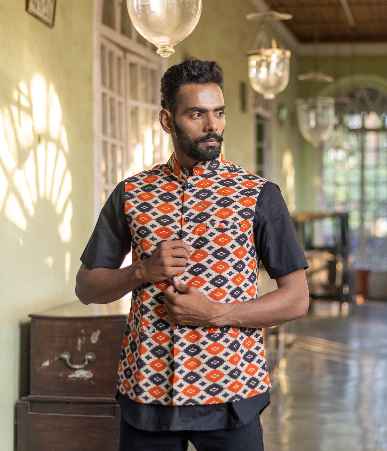 Kalamkari Orange-Black Diamonds Mens Nehru Jacket Secondary image