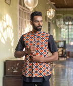 Kalamkari Orange-Black Diamonds Mens Nehru Jacket