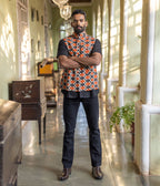 Kalamkari Orange-Black Diamonds Mens Nehru Jacket