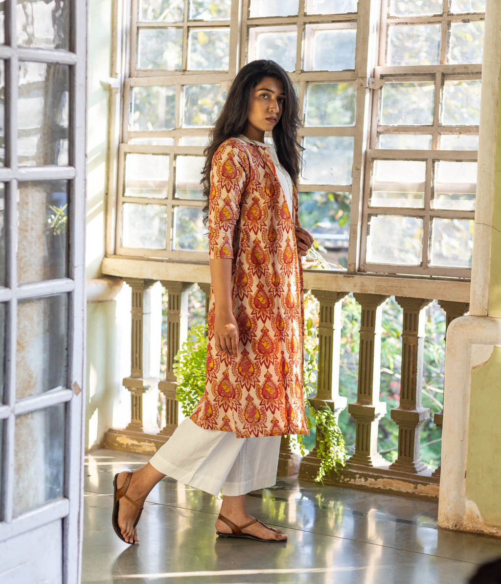 Kalamkari Red Motifs Women's Long Jacket