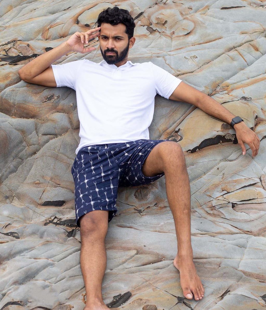 Navy-White Patterned Ikat Mens Shorts