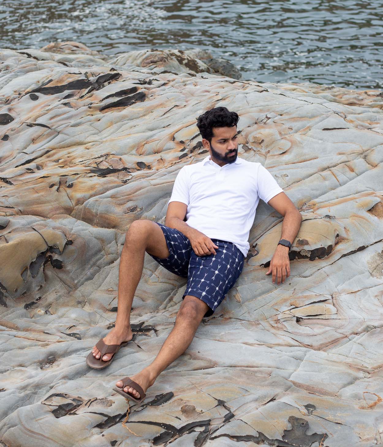 Navy-White Patterned Ikat Mens Shorts Secondary image