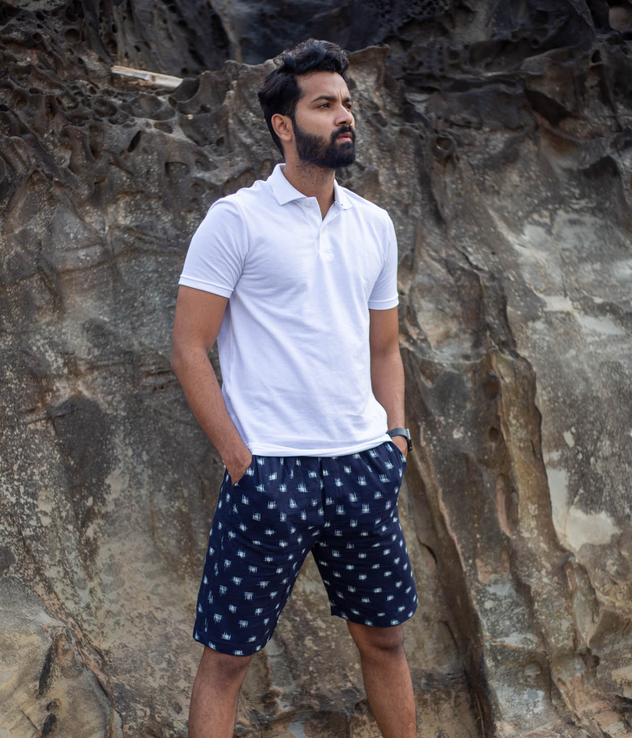 Navy-White Patterned Ikat Mens Shorts Main image