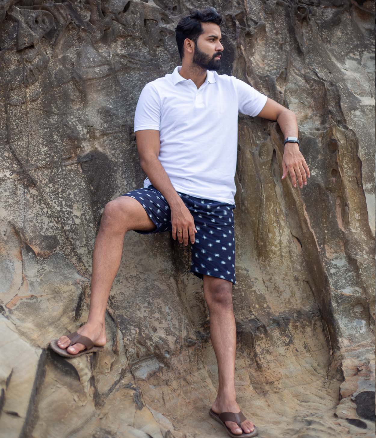 Navy-White Patterned Ikat Mens Shorts Secondary image