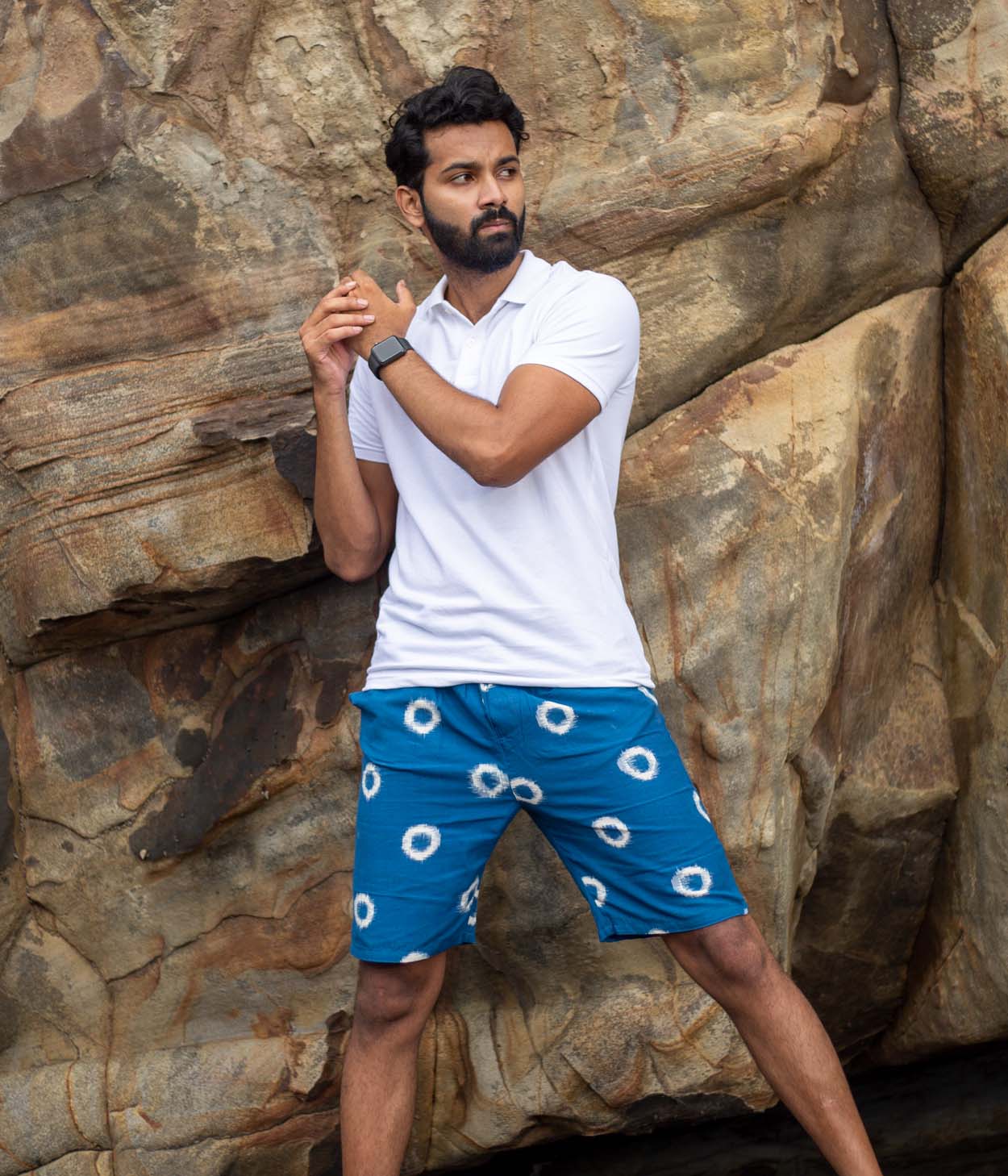 Teal-White Circles Ikat Mens Shorts Secondary image