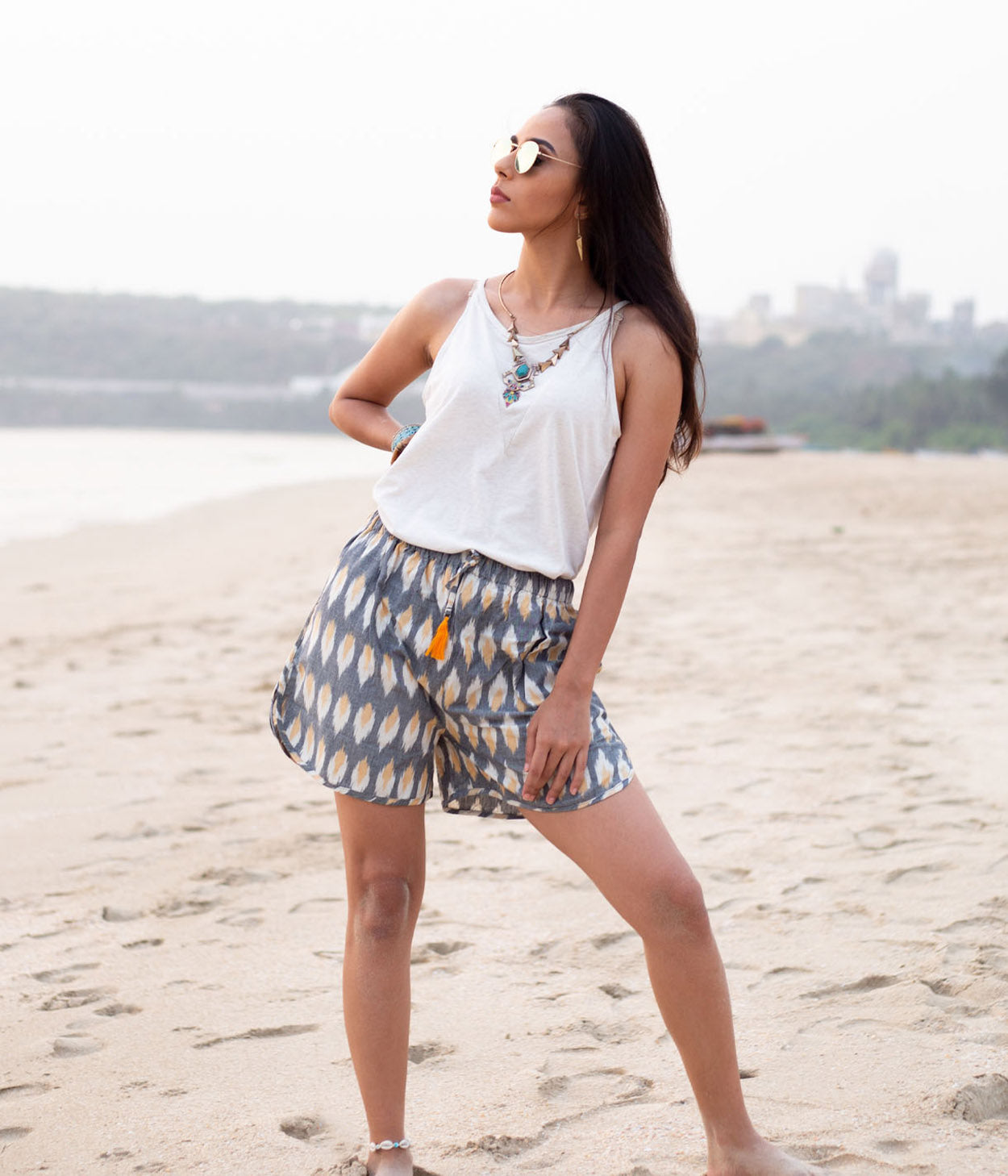 Yellow-Grey Ikat Womens Shorts Secondary image